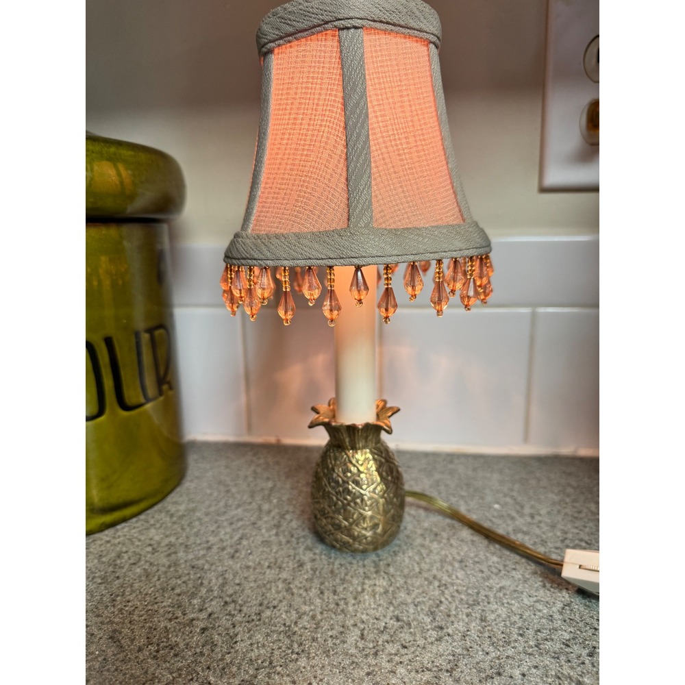 Vintage Brass Pineapple Candlestick Lamp Beaded Fringe Shade Tropical Accent